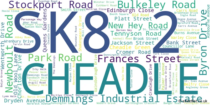 A word cloud for the SK8 2 postcode